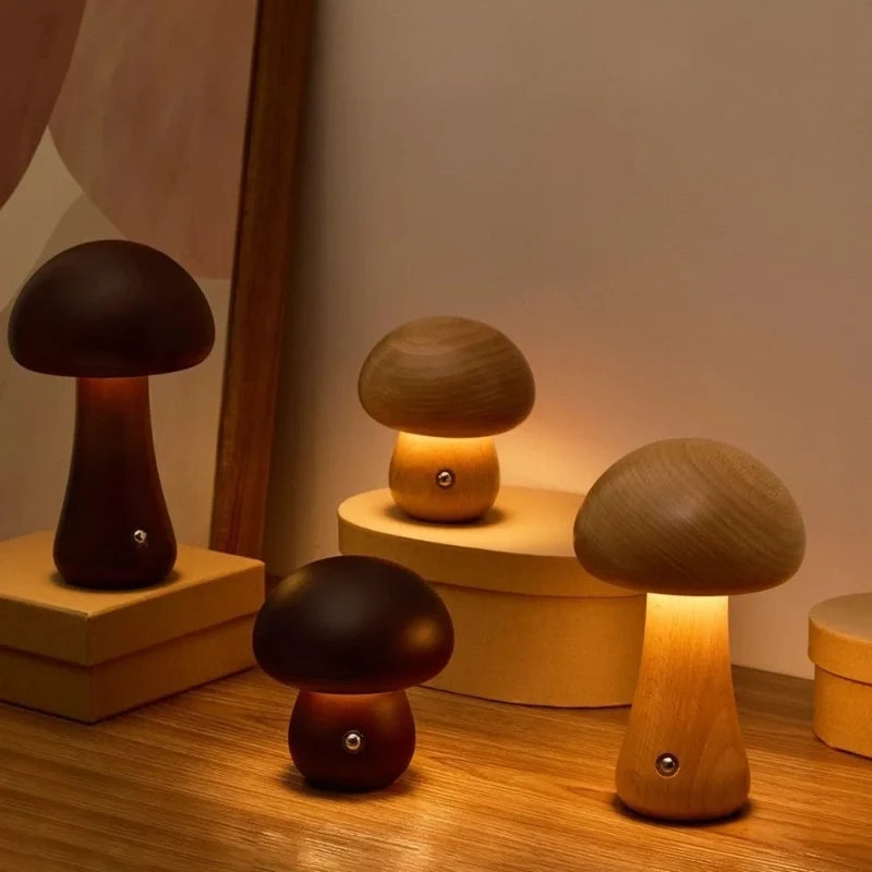 Cordless mushroom lamp, wooden, view 2