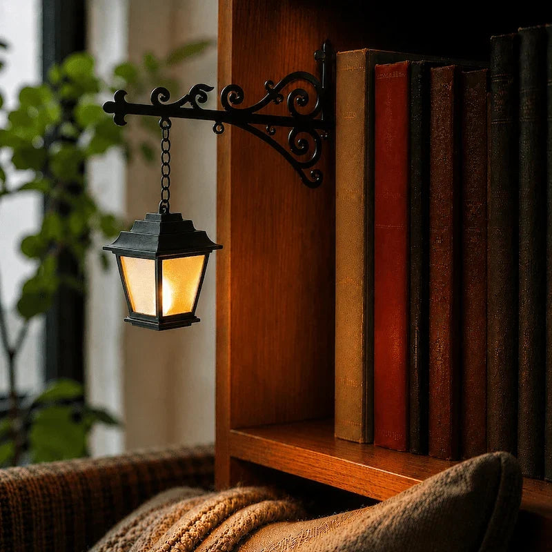 Bookshelf lantern light, book nook, view 4