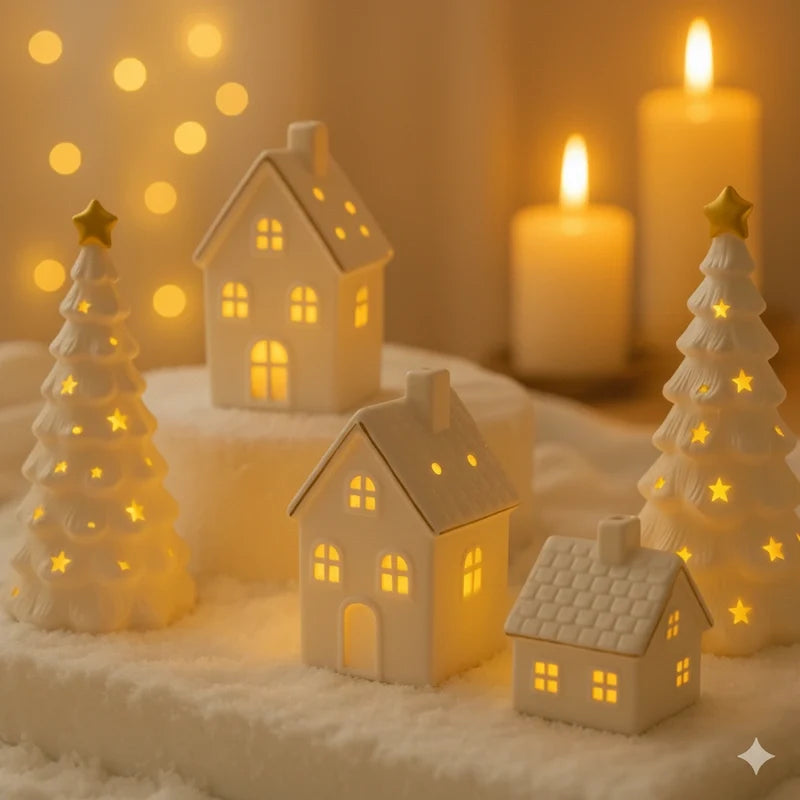 Ceramic Christmas village set, light up, view 3