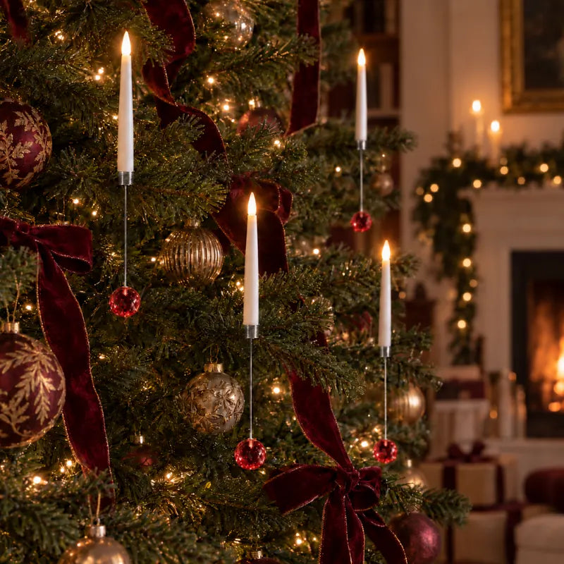 christmas tree candles with remote, red crystal ball, silver