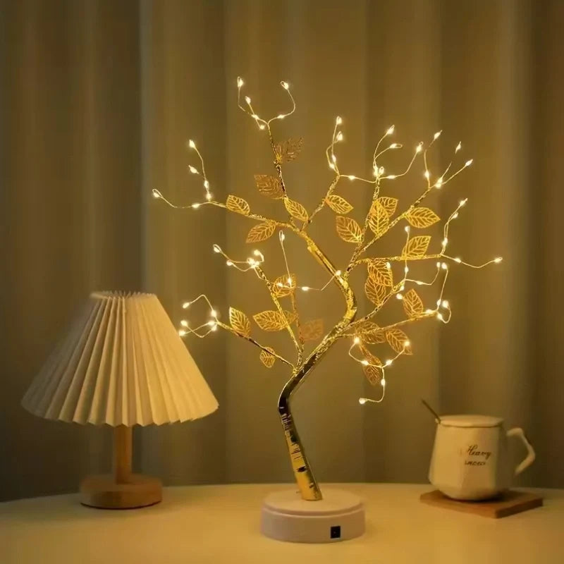 Gold tree lamp, LED golden leaf tree light, view 1