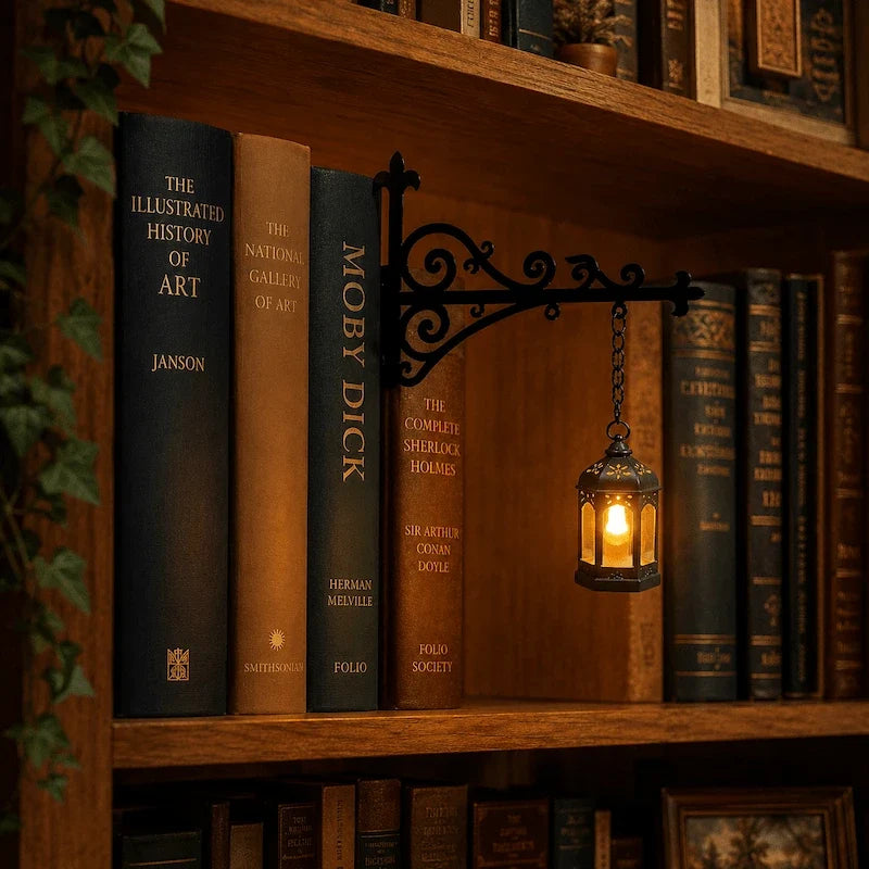 Bookshelf lantern light, book nook, view 3