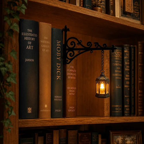 Bookshelf lantern light, book nook, view 3