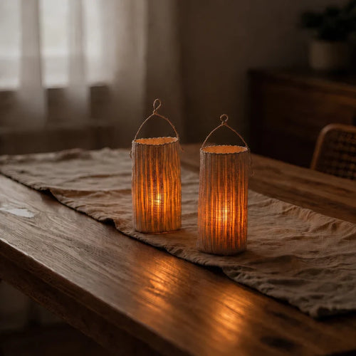 Woven LED candle lantern, view 1