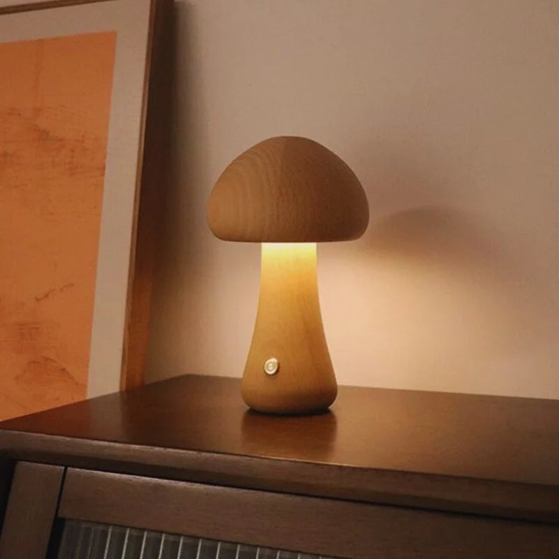 cordless mushroom lamp wooden, enoki, beech wood