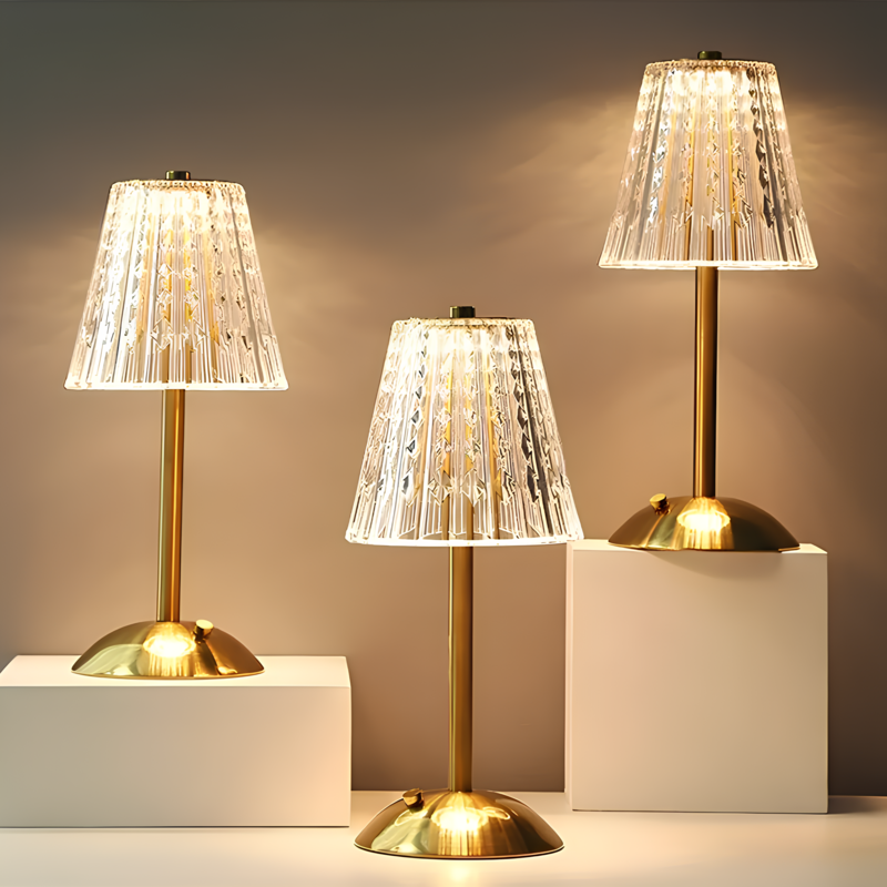 Gold cordless table lamp, crystal shade, view 8