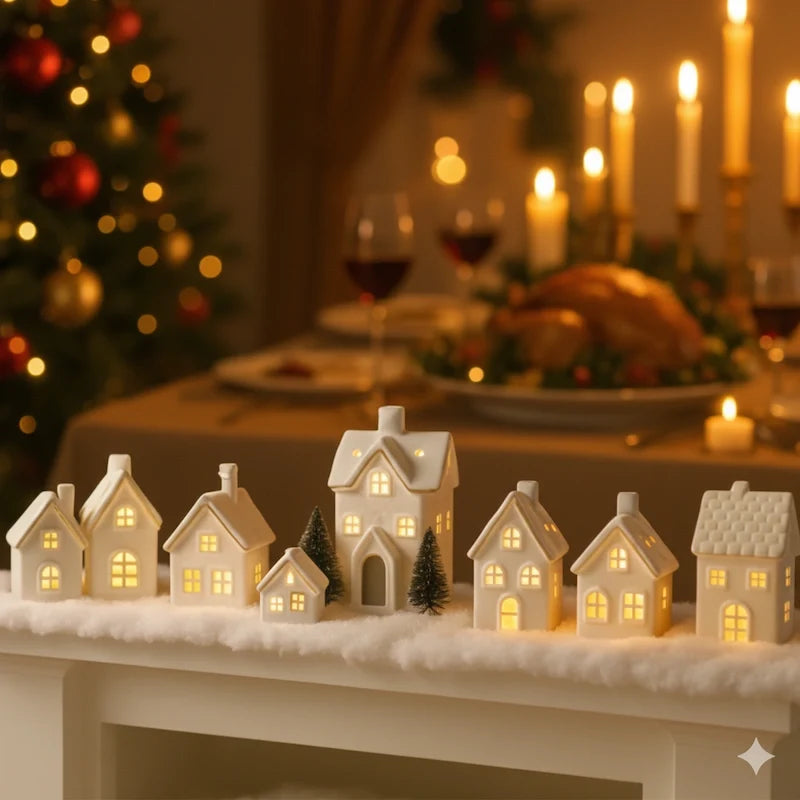 Ceramic Christmas village set, light up, view 2