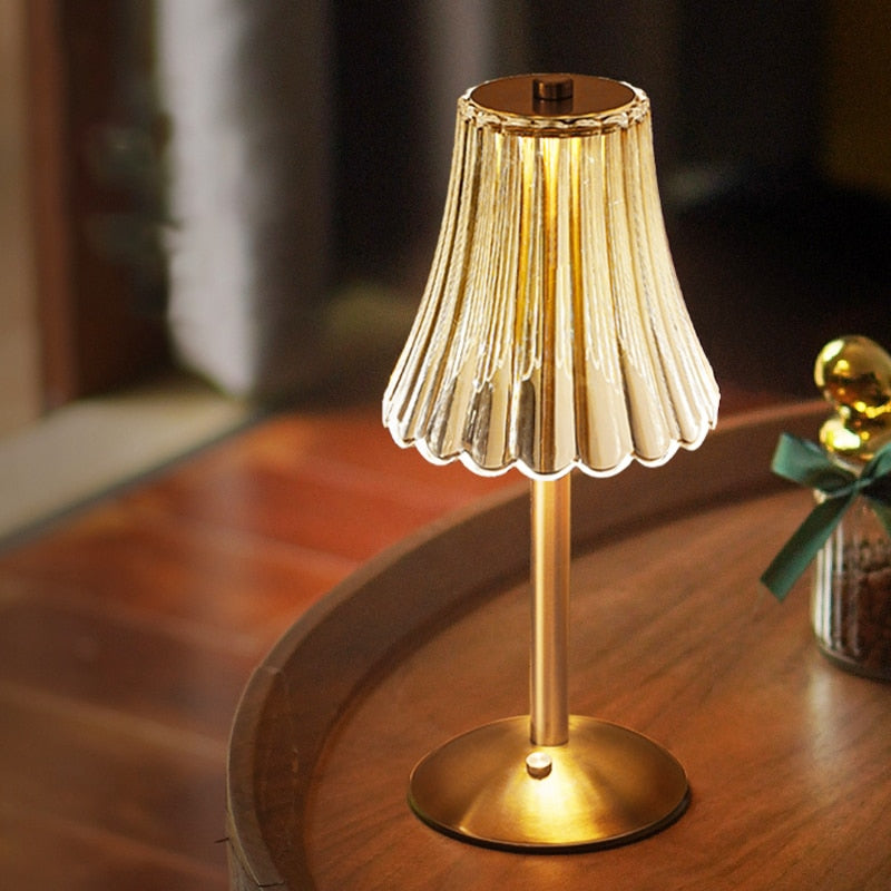 Gold cordless table lamp, crystal shade, view 1