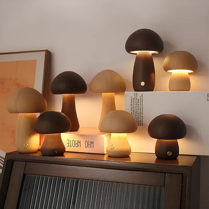 Cordless mushroom lamp, wooden, view 1