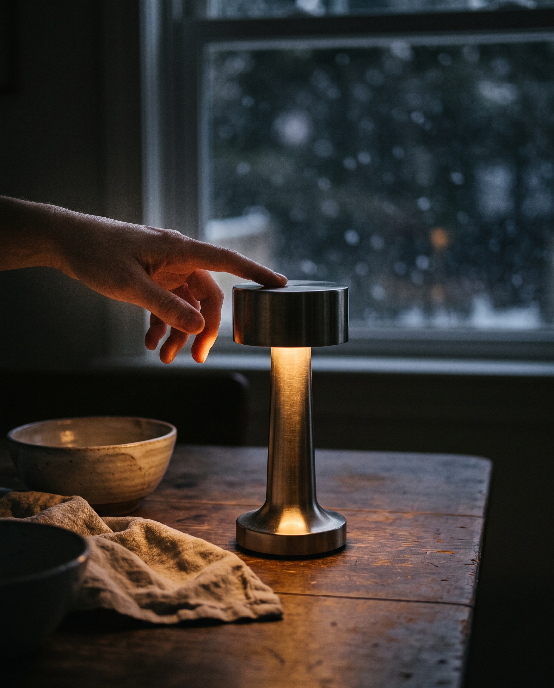 Hand switching on a cordless table lamp on a winter evening