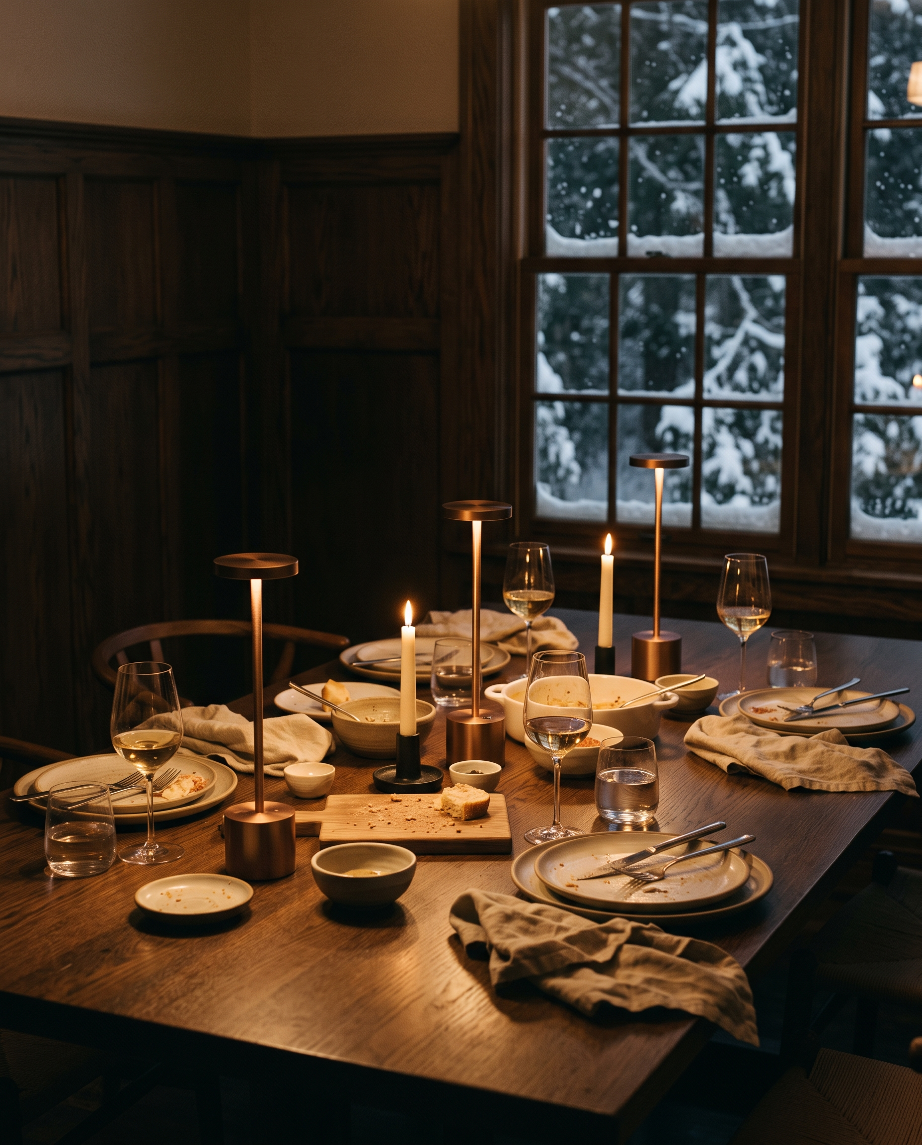 Winter dinner table lit by cordless lamps and candles