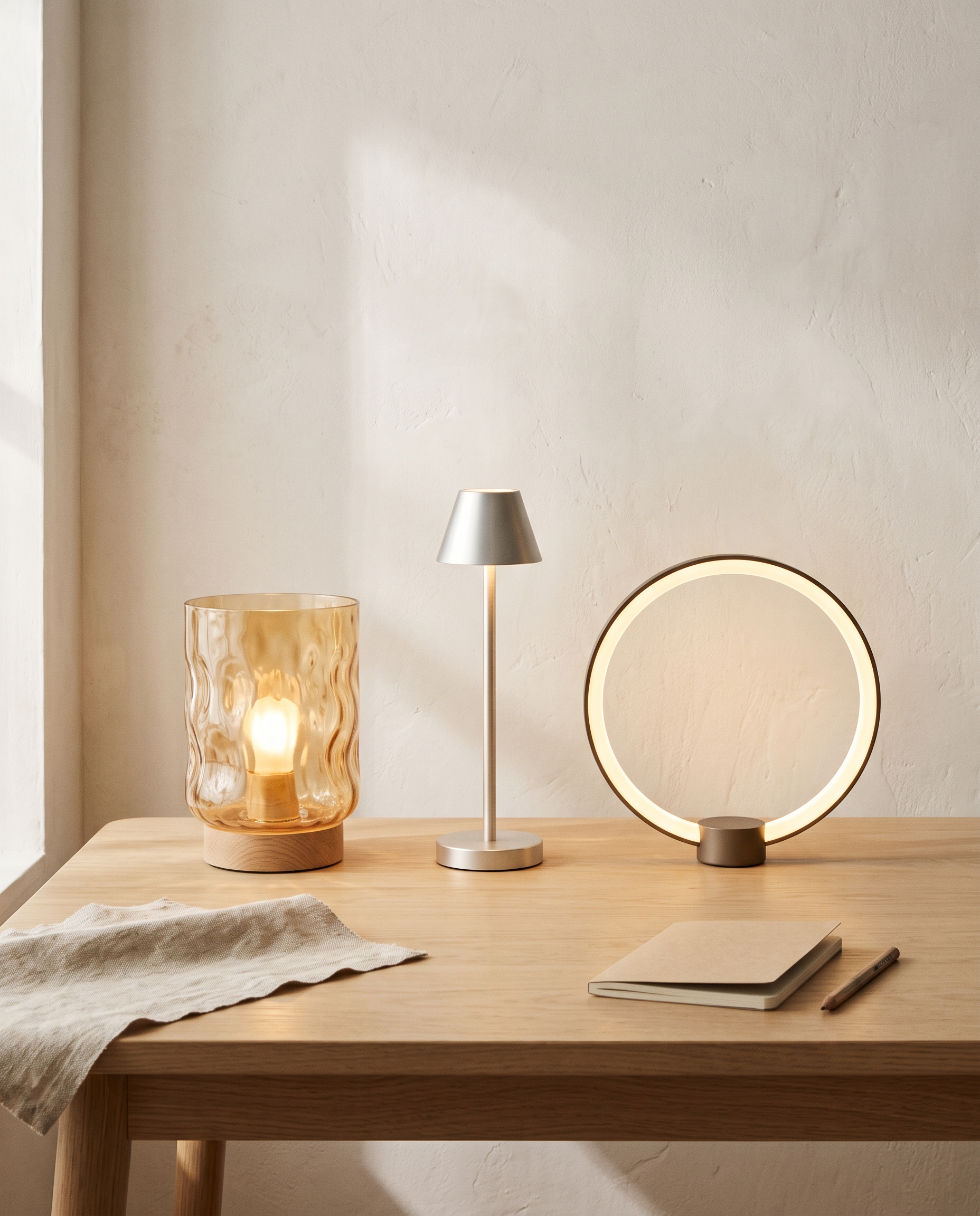 Three table lamps compared side by side on an oak table