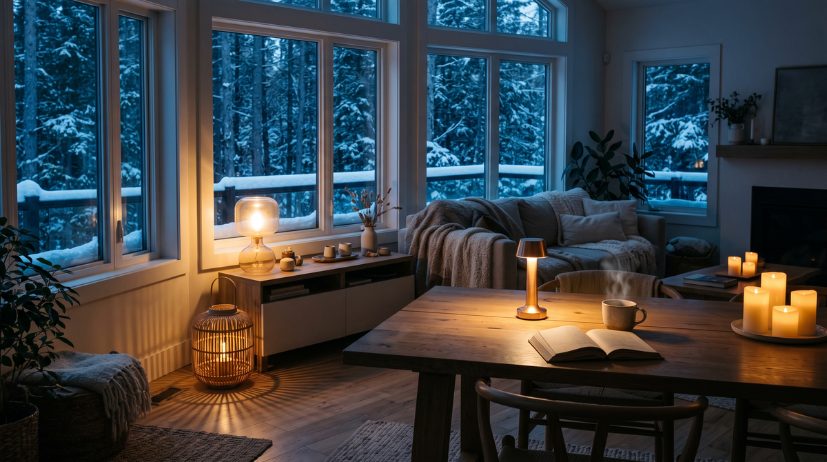 Living room at blue hour lit by warm lamps and candles