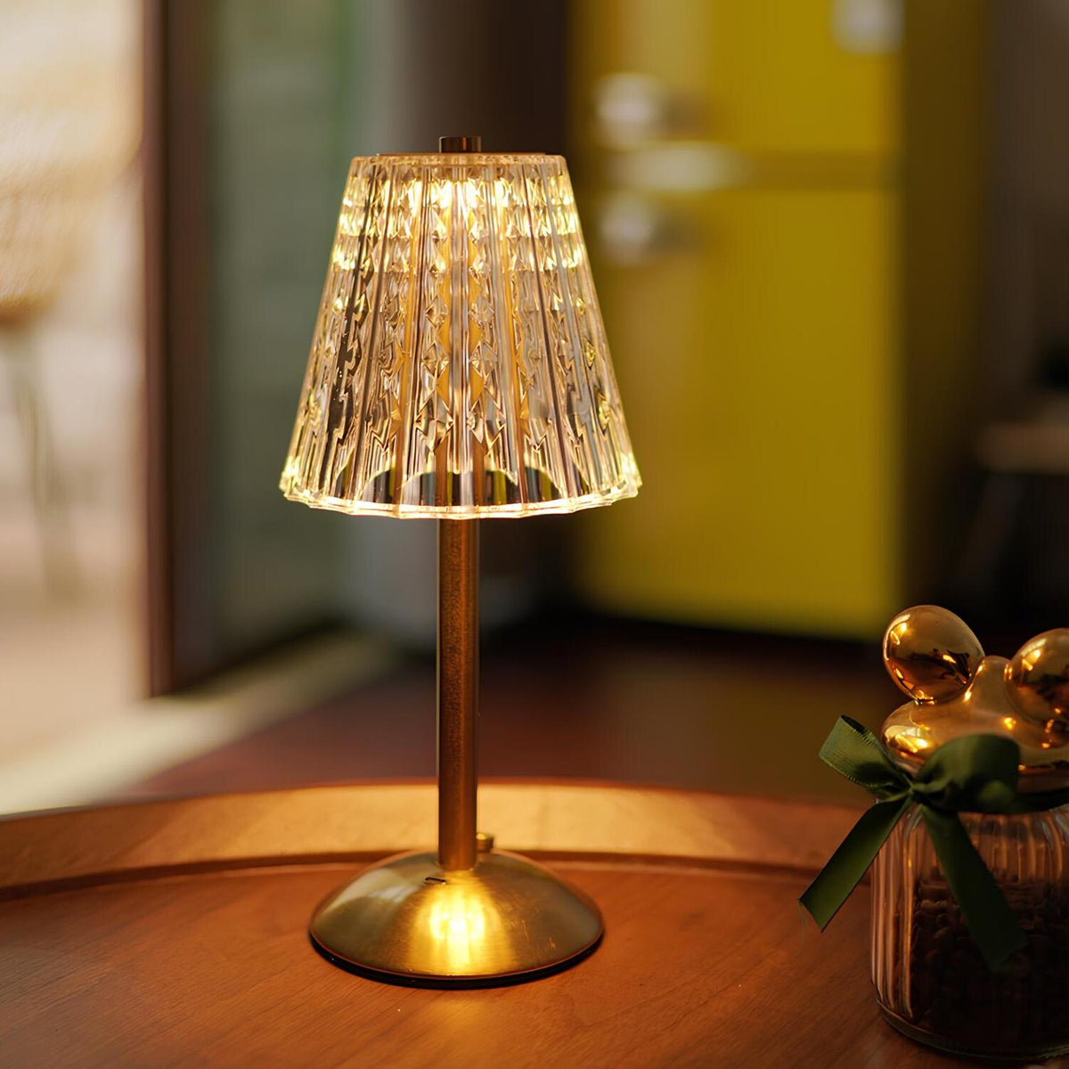 Gold cordless table lamp, crystal shade, view 2