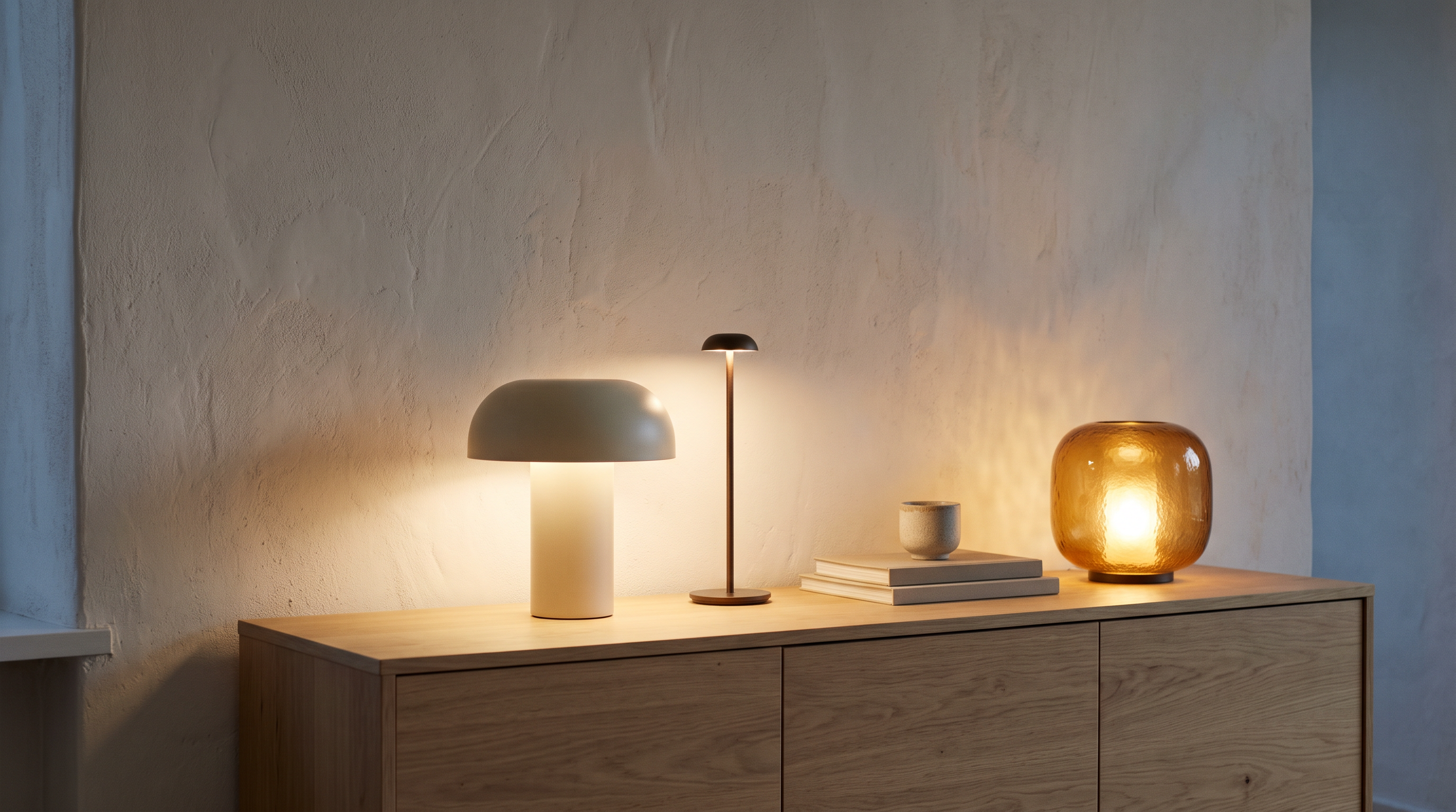 Three cordless table lamps glowing on an oak sideboard