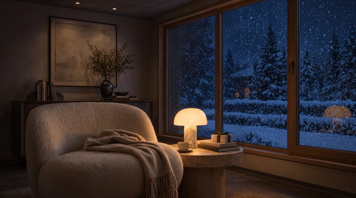 Marble table lamp glowing beside a boucle chair by a snowy window at night