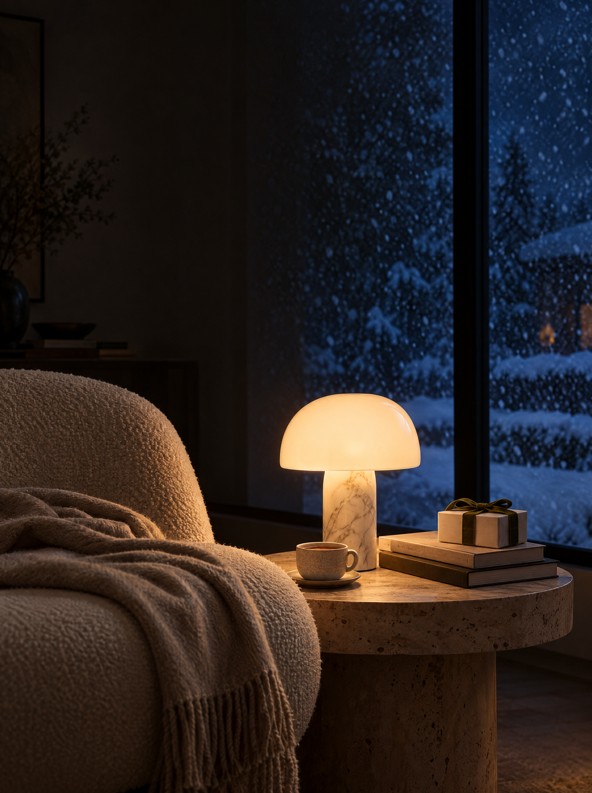 Marble table lamp glowing beside a boucle chair on a snowy winter night