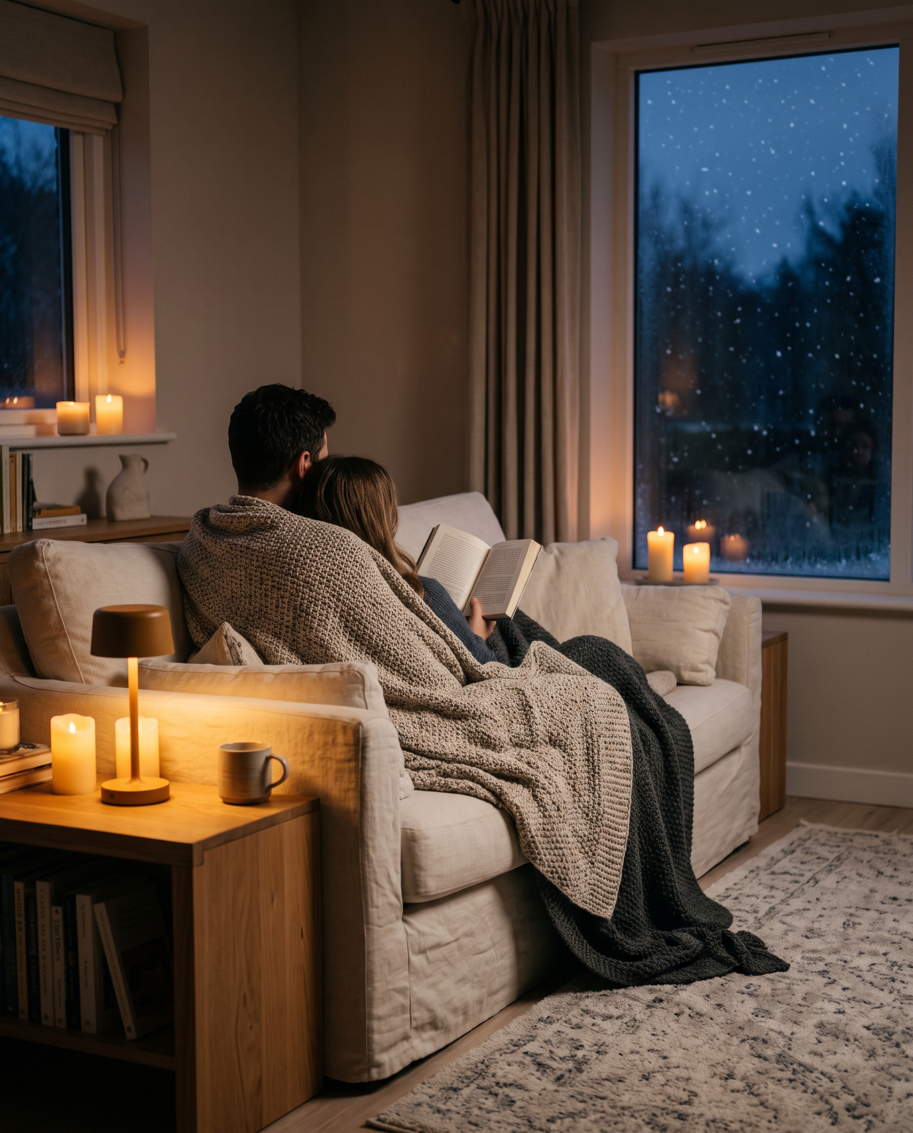 Two people reading on a sofa by the light of a cordless lamp